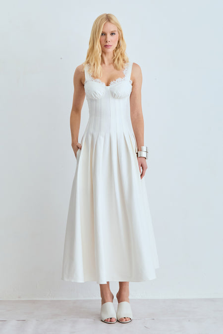 VESTIDO MIDI RECORTES PESPONTADOS E RENDA DECOTE OFF WHITE