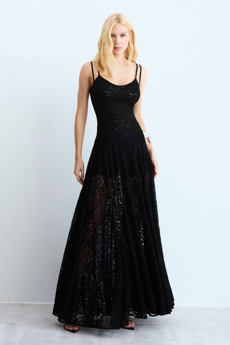 VESTIDO MIDI EM RENDA ACINTURADO COM DECOTE V PRETO