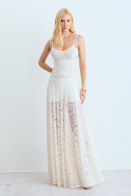 VESTIDO MIDI EM RENDA ACINTURADO COM DECOTE V OFF WHITE