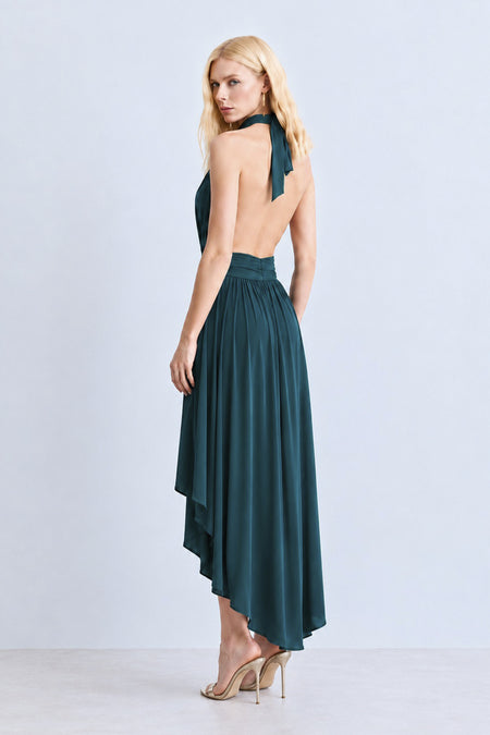 VESTIDO MULLET FRENTE UNICA E FAIXA CINTURA VERDE PETROLEO