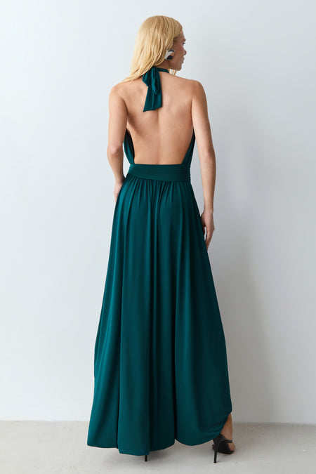 VESTIDO MULLET FRENTE UNICA E FAIXA CINTURA VERDE PETROLEO