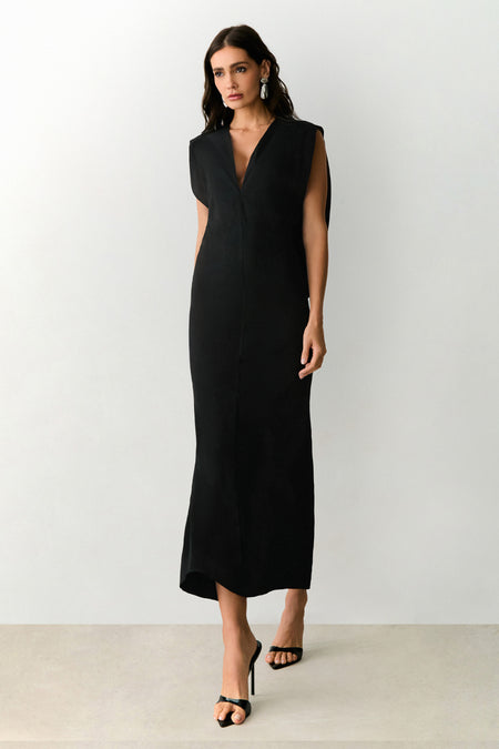 VESTIDO MIDI DEVOTE V COM OMBREIRAS CAIMENTO COSTAS PRETO