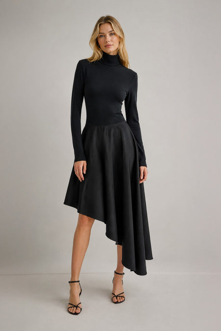 VESTIDO MIDI GOLA ALTA BARRA ASSIMETRICA ESTRUTURADA PRETO