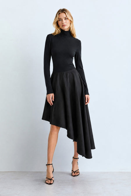 VESTIDO MIDI GOLA ALTA BARRA ASSIMETRICA ESTRUTURADA PRETO