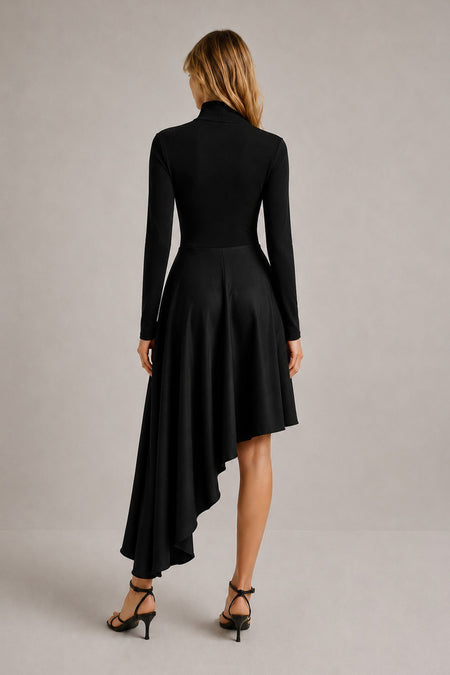VESTIDO MIDI GOLA ALTA BARRA ASSIMETRICA ESTRUTURADA PRETO