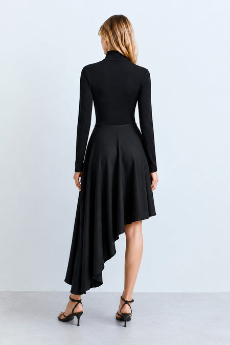 VESTIDO MIDI GOLA ALTA BARRA ASSIMETRICA ESTRUTURADA PRETO