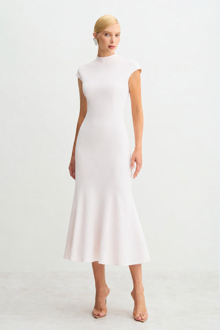 VESTIDO MIDI ABERTURA E TORCAO COSTAS GOLA MEDIA OFF WHITE