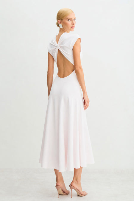 VESTIDO MIDI ABERTURA E TORCAO COSTAS GOLA MEDIA OFF WHITE