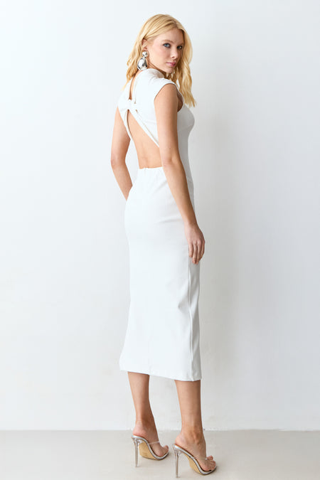 VESTIDO MIDI ABERTURA E TORCAO COSTAS GOLA MEDIA OFF WHITE