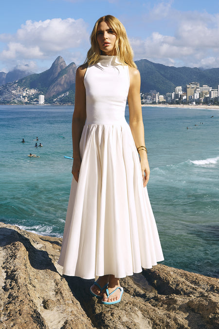 VESTIDO MIDI GOLA ALTA COM BARRA AMPLA RODADA OFF WHITE