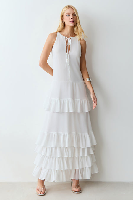 VESTIDO MIDI BABADOS BARRA COM AMARRACAO FRONTAL OFF WHITE