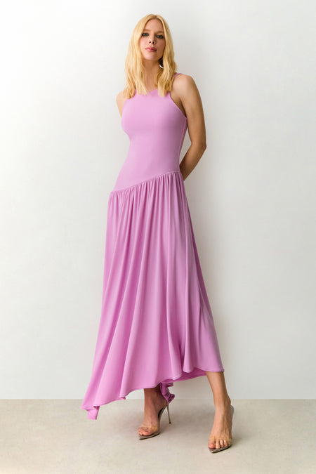 VESTIDO MIDI DECOTE NADADOR E SAIA ASSIMETRICA ORQUIDEA