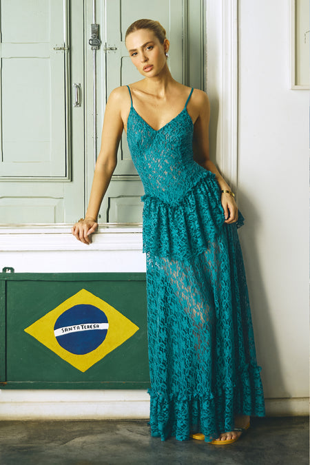 VESTIDO MIDI EM RENDA DECOTE V E DETALHE BABADO VERDE ESMERALDA