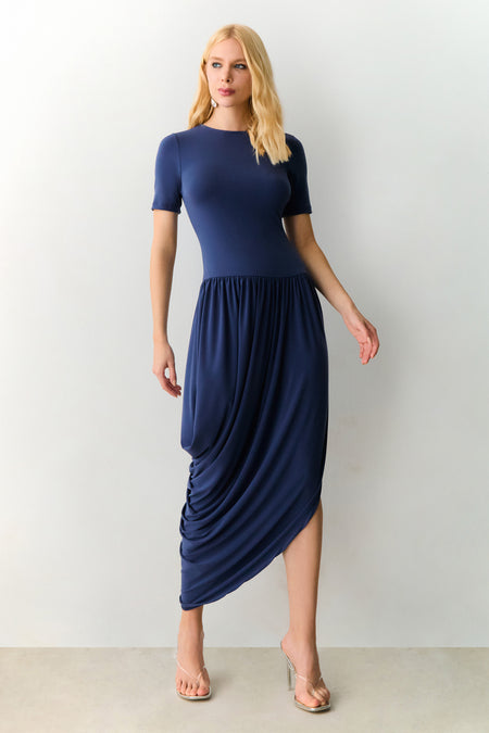 VESTIDO MIDI MANGA CURTA SAIA COM CAIMENTO BALONE AZUL ECLIPSE