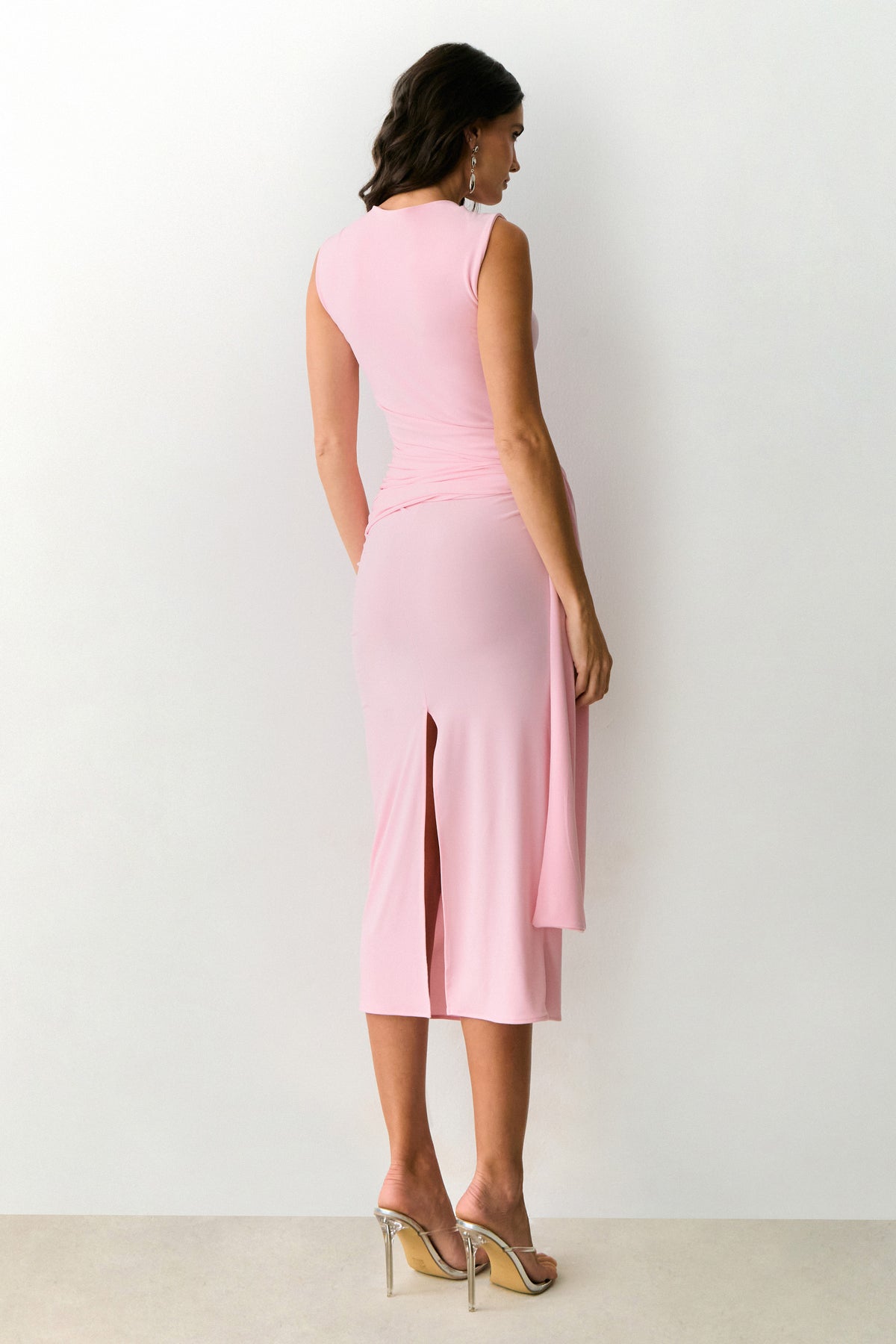 VESTIDO MIDI COM NO E FAIXA LATERAL ROSA GIZ
