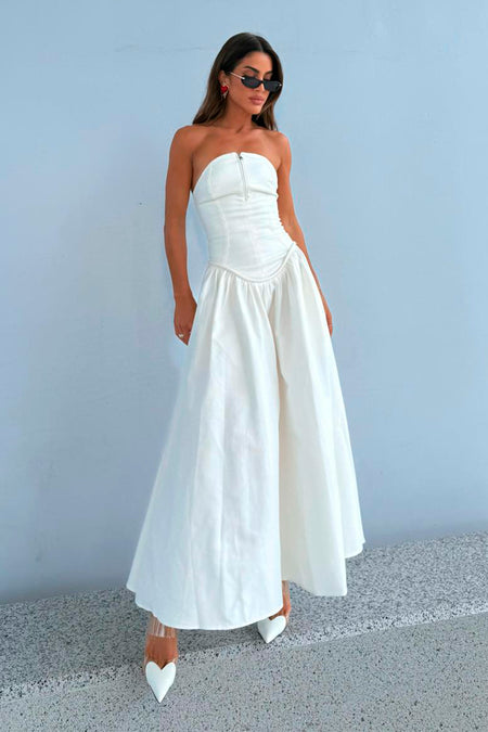 VESTIDO MIDI TOMARA QUE CAIA ZIPER DE METAL FRONTAL OFF WHITE