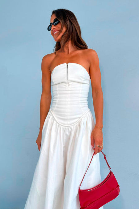 VESTIDO MIDI TOMARA QUE CAIA ZIPER DE METAL FRONTAL OFF WHITE