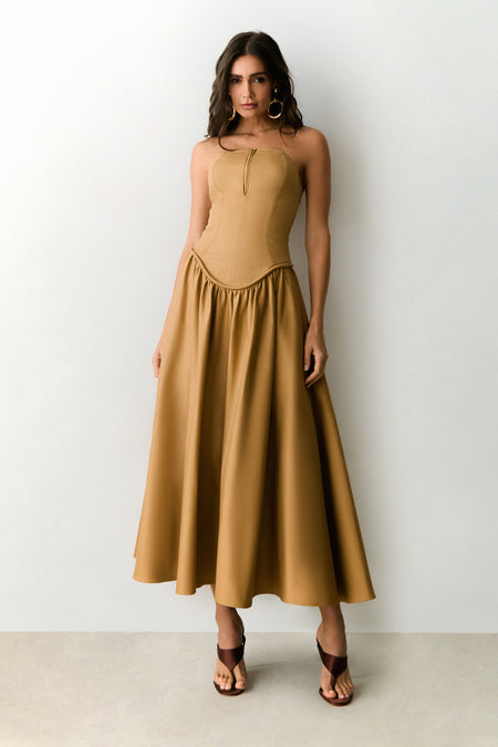 VESTIDO MIDI TOMARA QUE CAIA ZIPER DE METAL FRONTAL KAKI