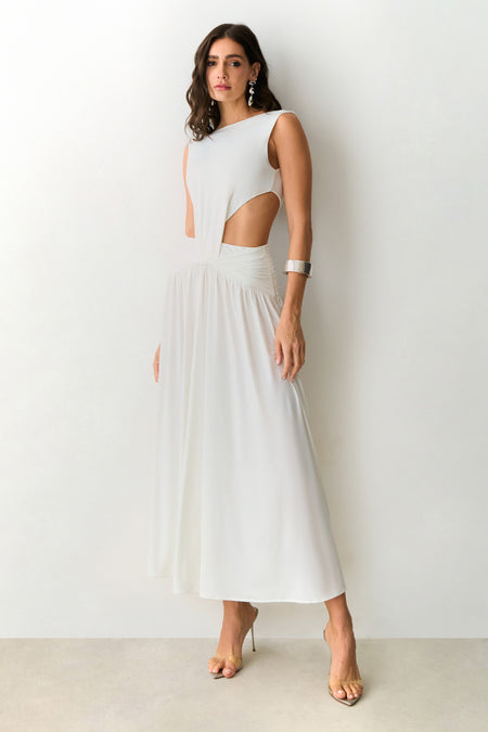 VESTIDO MIDI DECOTE V COSTAS E ABERTURAS LATERAIS OFF WHITE