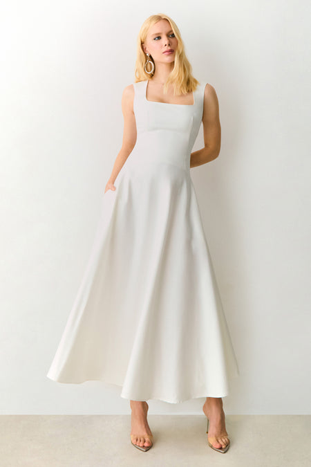 VESTIDO MIDI COM DECOTE RETO E ALCAS LARGAS OFF WHITE