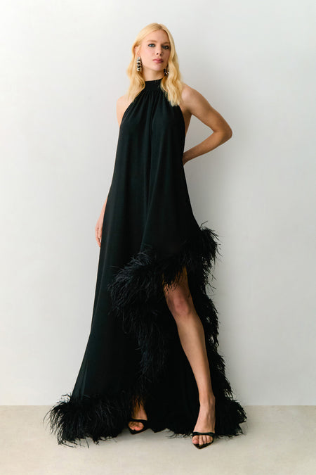 VESTIDO MULLET BARRA ASSIMETRICA E AMARRACO PESCOCO PRETO