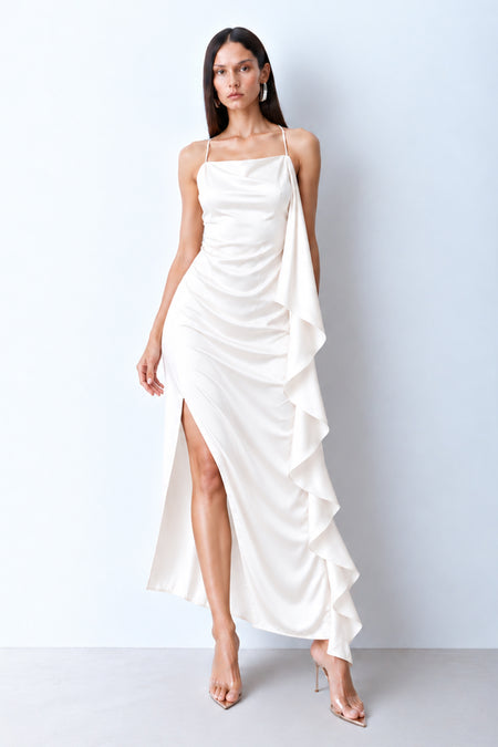 VESTIDO MIDI VOLUME LATERAL FLUIDO COM DECOTE RETO OFF WHITE