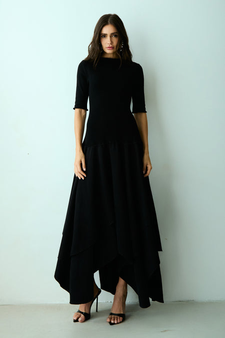 VESTIDO MIDI SAIA COM RECORTES ASSIMETRICOS PRETO