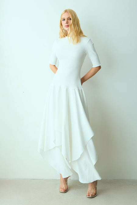 VESTIDO MIDI SAIA COM RECORTES ASSIMETRICOS OFF WHITE