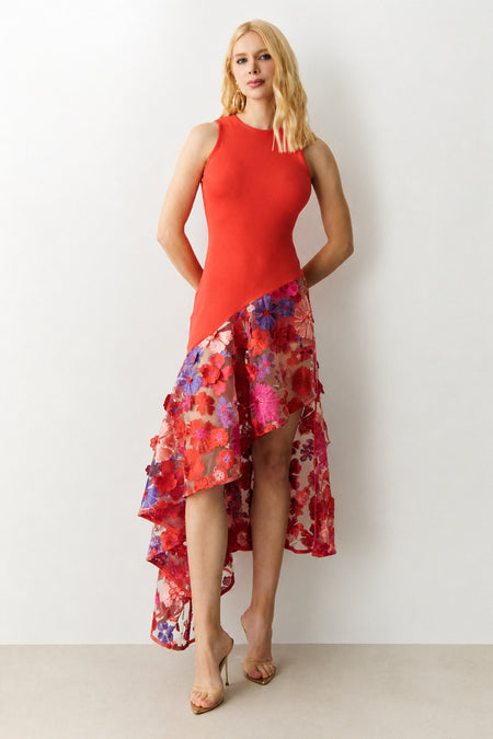 VESTIDO MIDI BARRA COM VOLUME ASSIMETRICA EM TULE CORAL