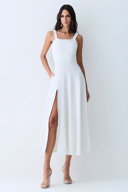 VESTIDO MIDI COM DETALHE AVIAMENTO BARRA E DECOTE OFF WHITE