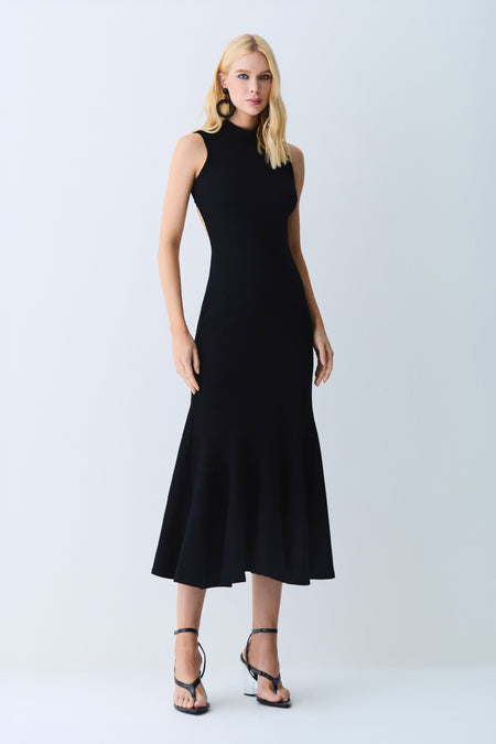VESTIDO MIDI BARRA COM RODA AMPLA E ABERTURA COSTAS PRETO
