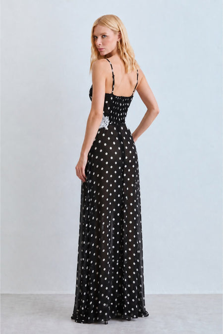 VESTIDO MIDI FLUIDO COM DECOTE V E DETALHES EM RENDA PRETO COM OFF WHITE
