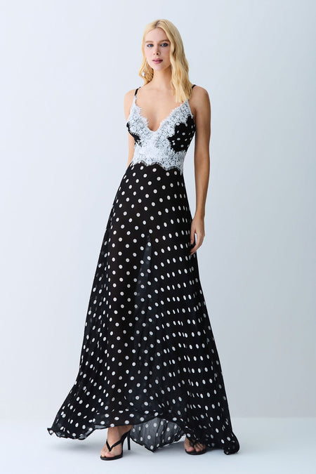 VESTIDO MIDI FLUIDO COM DECOTE V E DETALHES EM RENDA PRETO COM OFF WHITE