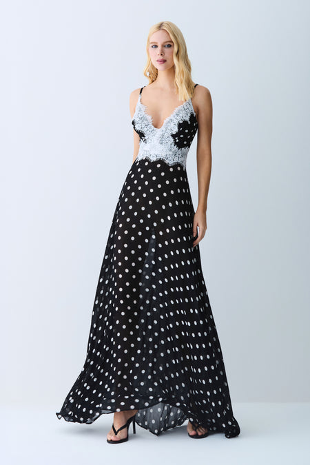 VESTIDO MIDI FLUIDO COM DECOTE V E DETALHES EM RENDA PRETO COM OFF WHITE