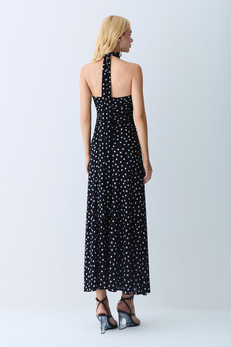 VESTIDO MIDI FRENTE UNICA COM AMARRACO POA PRETO COM BRANCO