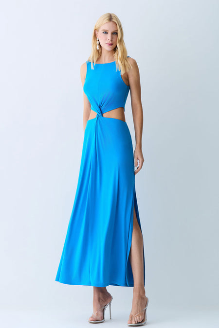 VESTIDO MIDI ABERTURA LATERAIS E TORCAO FRONTAL AZUL REAL