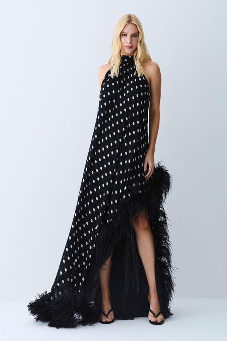 VESTIDO MULLET GOLA ALTA COM AMARRACAO EM POA PRETO COM BRANCO