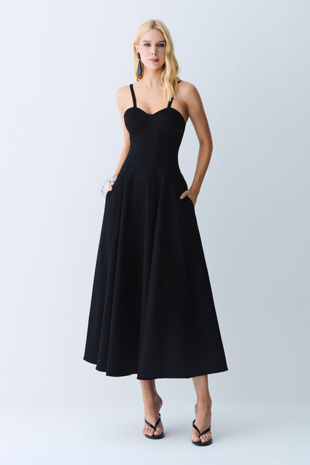 VESTIDO MIDI DRAPEADOS BUSTO E RECORTES PESPONTADOS PRETO