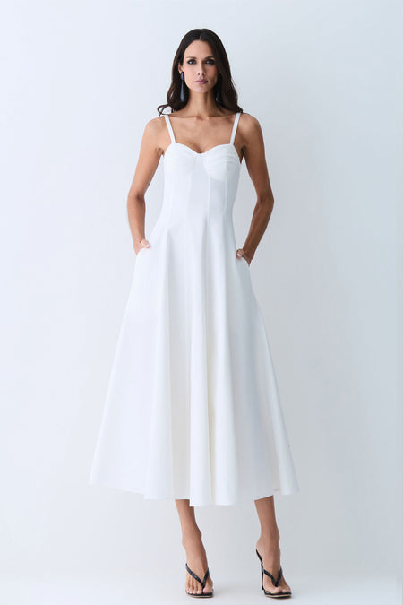 VESTIDO MIDI DRAPEADOS BUSTO E RECORTES PESPONTADOS OFF WHITE