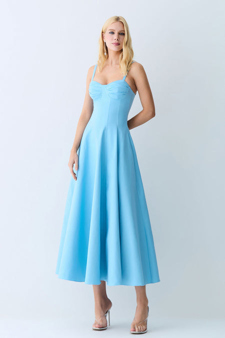 VESTIDO MIDI DRAPEADOS BUSTO E RECORTES PESPONTADOS AZUL OCEANO