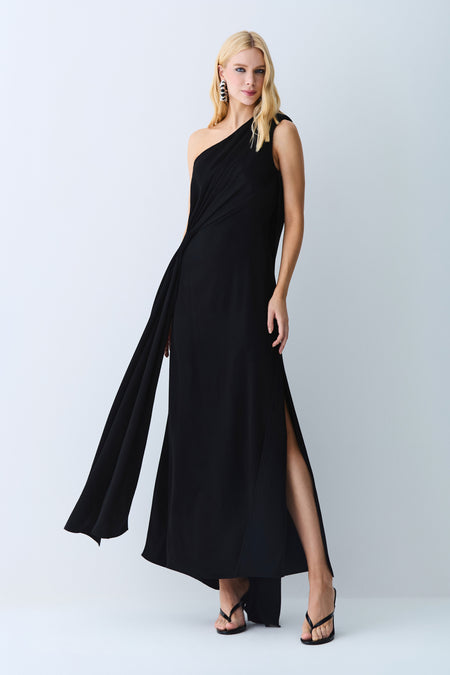 VESTIDO LONGO SOBREPOSICAO FRENTE E COSTAS E DETALHE PRETO