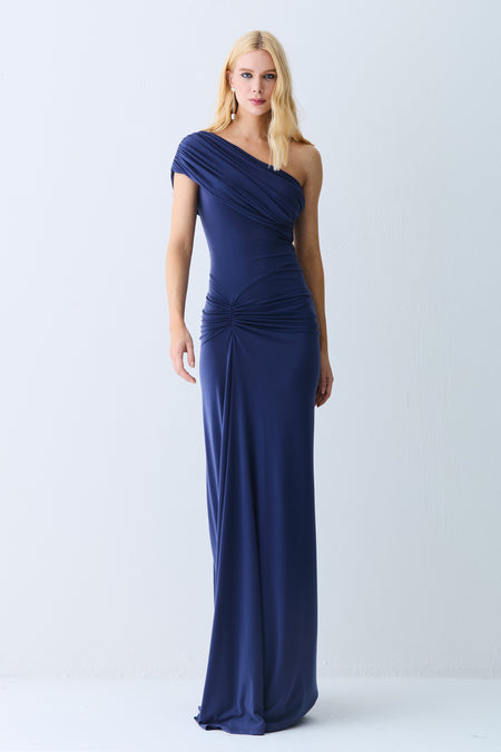 VESTIDO LONGO FRANZIDOS DETALHE FRONTAL UM OMBRO SO AZUL ECLIPSE