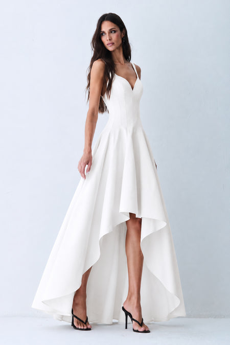 VESTIDO MULLET ESTRUTURADO COM RECORTE BUSTO E CINTURA OFF WHITE