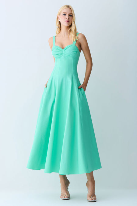 VESTIDO MIDI DRAPEADOS BUSTO E RECORTES CINTURA VERDE MARESIAS