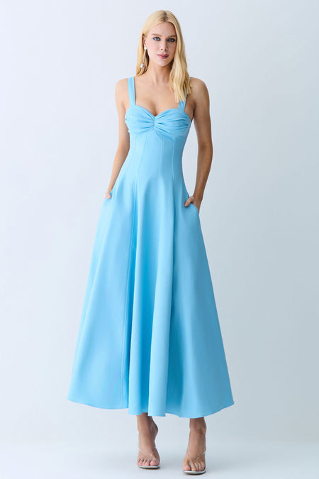 VESTIDO MIDI DRAPEADOS BUSTO E RECORTES CINTURA AZUL OCEANO