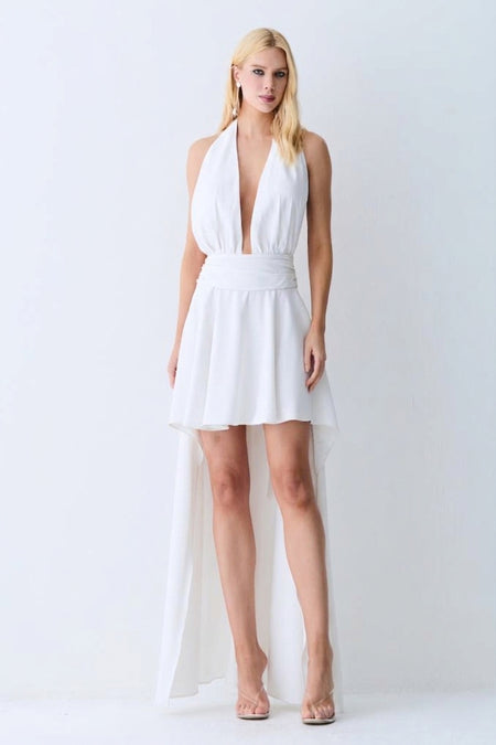 VESTIDO MULLET DECOTE PROFUNDO COM AMARRACAO PESCOCO OFF WHITE