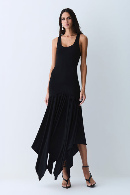 VESTIDO MIDI ABERTURA NAS COSTAS E ASSIMETRIA NA SAIA PRETO