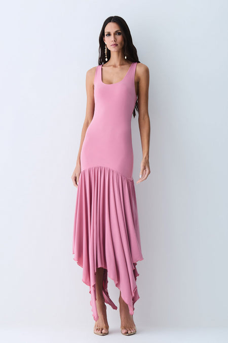 VESTIDO MIDI ABERTURA NAS COSTAS E ASSIMETRIA NA SAIA ROSA ANTIGO