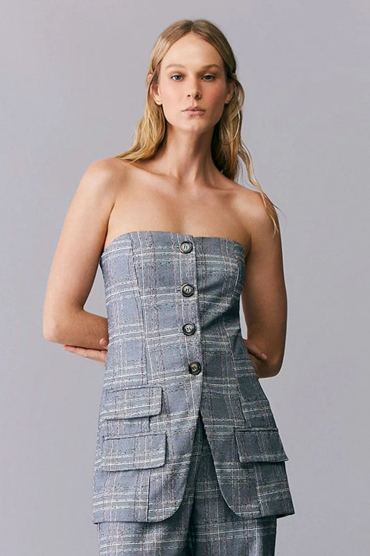 BLUSA TOMARA QUE CAIA COM BOLSOS XADREZ RUSTICO