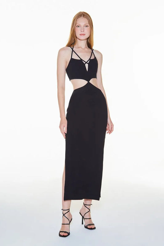 VESTIDO MIDI ALCAS TRANSPASSADAS PRETO